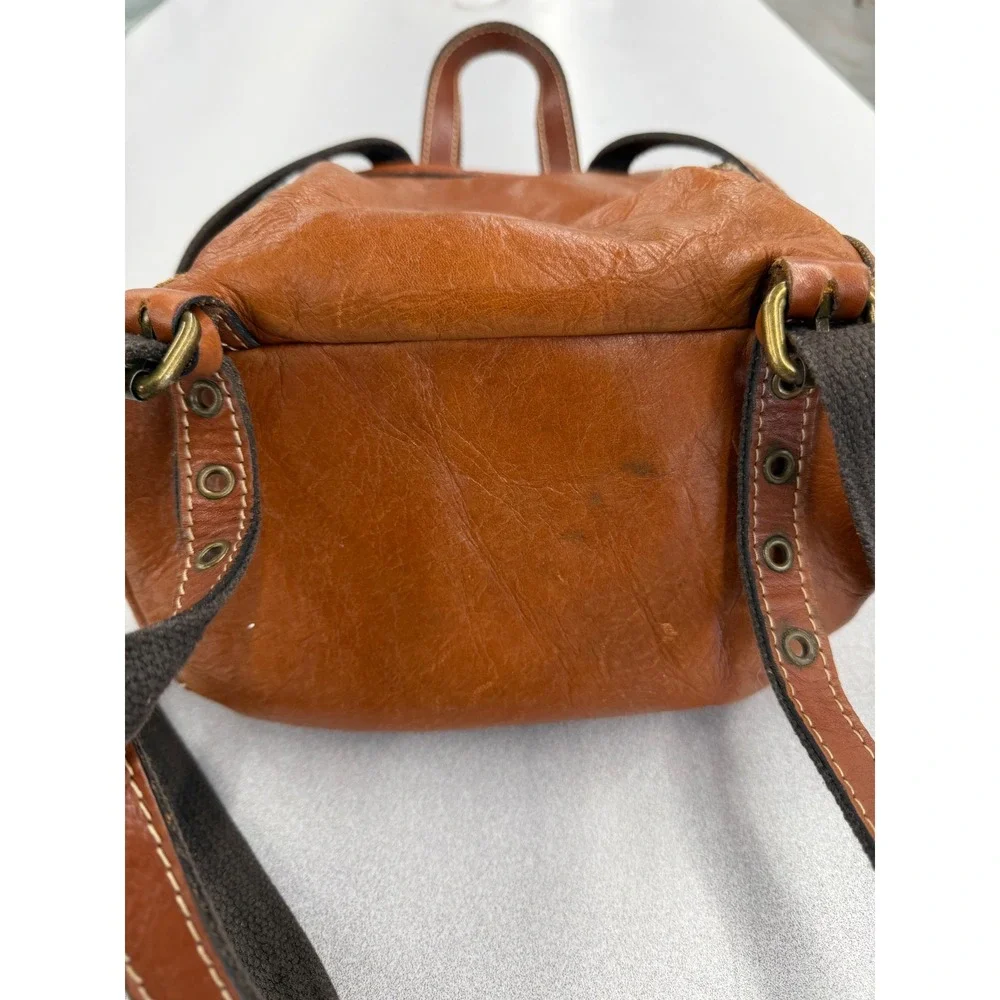 Patricia Nash Cognac Leather Mini Backpack Drawstring Buckle Brown